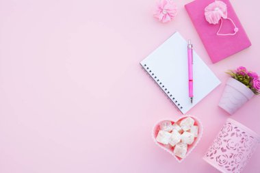 Düz lay girly, planlama için soluk pembe öğeler, not defterleri, kalemler, ofis çalışmaları ya da evde onun dizüstü bilgisayar üzerinde çalışan, soluk pembe arka plan, etiketler için yer ile. Konsept Masası.