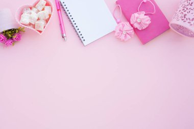 Düz lay girly, planlama için soluk pembe öğeler, not defterleri, kalemler, ofis çalışmaları ya da evde onun dizüstü bilgisayar üzerinde çalışan, soluk pembe arka plan, etiketler için yer ile. Konsept Masası.