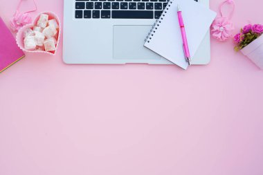 Düz lay girly, planlama için soluk pembe öğeler, not defterleri, kalemler, ofis çalışmaları ya da evde onun dizüstü bilgisayar üzerinde çalışan, soluk mavi arka plan, etiketler için yer ile. Konsept Masası.