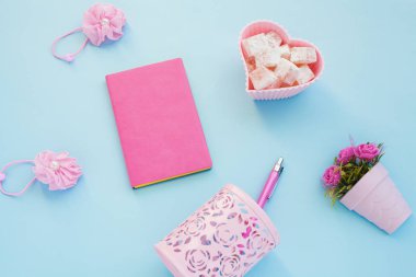 Düz lay girly, planlama için soluk pembe öğeler, not defterleri, kalemler, ofis çalışmaları ya da evde onun dizüstü bilgisayar üzerinde çalışan, soluk mavi arka plan, etiketler için yer ile. Konsept Masası.