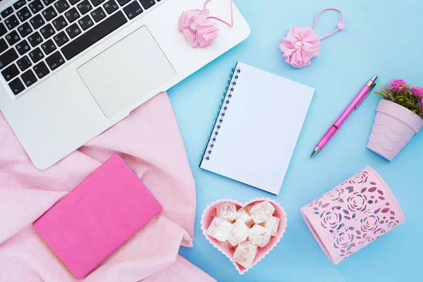 Flat lay girly, pale pink items for planning, notepads, pens, office work or working at home on her laptop, on the pale blue background, with place for labels. Concept Desk.