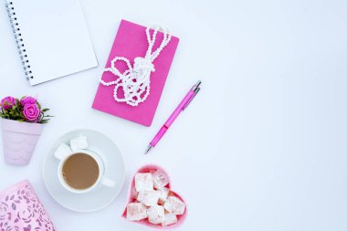 Düz lay girly, planlama için soluk pembe öğeler, not defterleri, kalemler, ofis çalışmaları ya da evde onun dizüstü bilgisayar üzerinde çalışan, soluk beyaz arka plan, etiketler için yer ile. Konsept Masası.