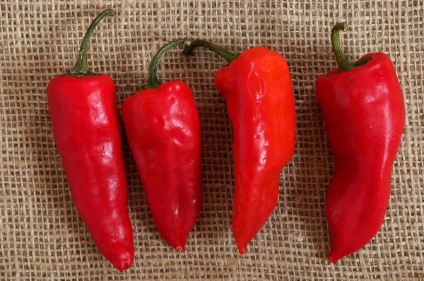 Four Red Peppers Gray Linen Background — Stock Photo, Image