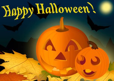 Cadılar Bayramı kartı. Gece sonbahar yaprakları üzerinde pumpkins ile illüstrasyon
