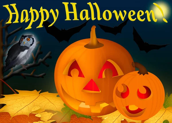 Halloween Card Illustration Pumpkins Autumn Leaves Owl Bats Night — Stock Photo, Image