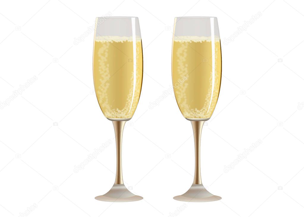 Isolated two glasses of champagne on white background. Illustration with two glasses of wine.