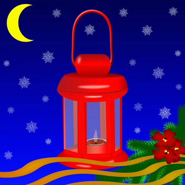 Cartão Felicitações Lanterna Natal Vermelho Com Vela Ardente — Fotografia de Stock