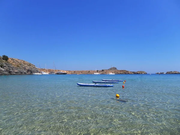Vistas Bahía Del Mar Mediterráneo Ciudad Lindos Isla Rodas Países — Foto de Stock