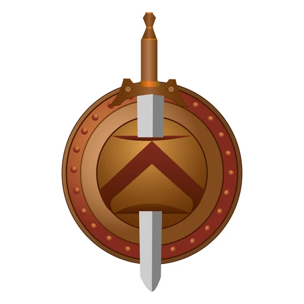 白い背景の上の剣で孤立した丸い盾 剣と盾のベクトル イラスト — ストックベクタ