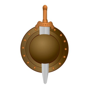 Beyaz arka plan üzerinde kılıç ile izole yuvarlak kalkan. Bir kalkan bir kılıç ile vektör çizim