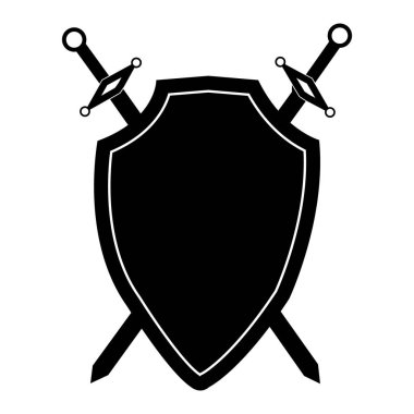 İzole siyah kalkan ve beyaz arka plan üzerinde iki kılıç. Vektör çizim kalkan ve kılıç. Amblem, sembol, kalkan kutsal kişilerin resmi