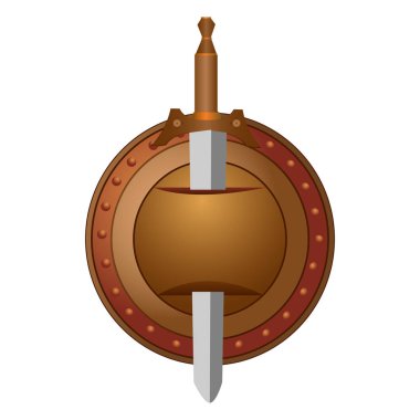 Beyaz arka plan üzerinde kılıç ile izole yuvarlak kalkan. Bir kalkan bir kılıç ile vektör çizim