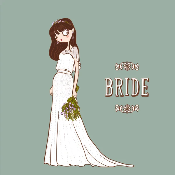 Süße Cartoon Braut Weißem Brautkleid Mit Blumenstrauß Vektorillustration — Stockvektor