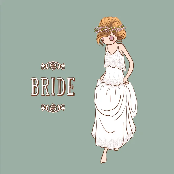 Süße Cartoon Braut Weißem Hochzeitskleid Mit Blumenkranz Vektorillustration — Stockvektor