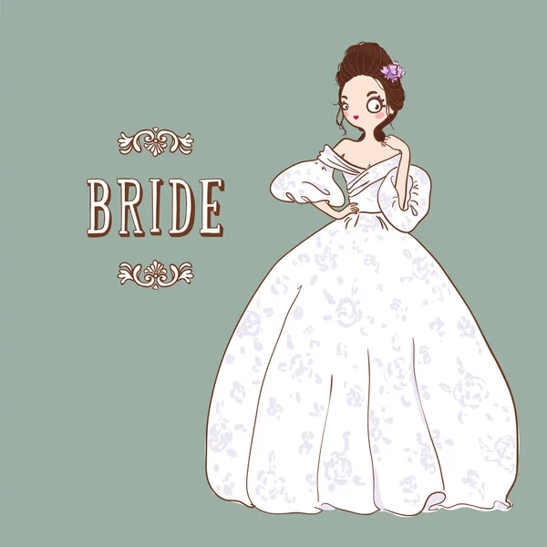 Aranyos Rajzfilm Menyasszony Fehér Esküvői Ruha Vektoros Illusztráció — Stock Vector