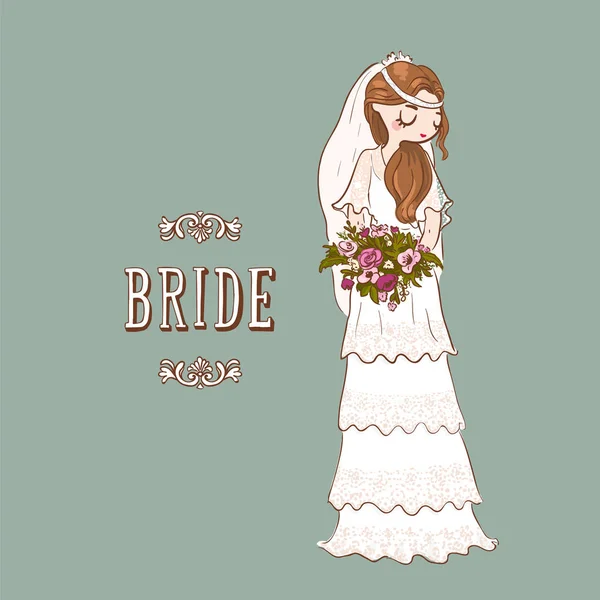 Süße Cartoon Braut Weißem Brautkleid Mit Blumenstrauß Vektorillustration — Stockvektor