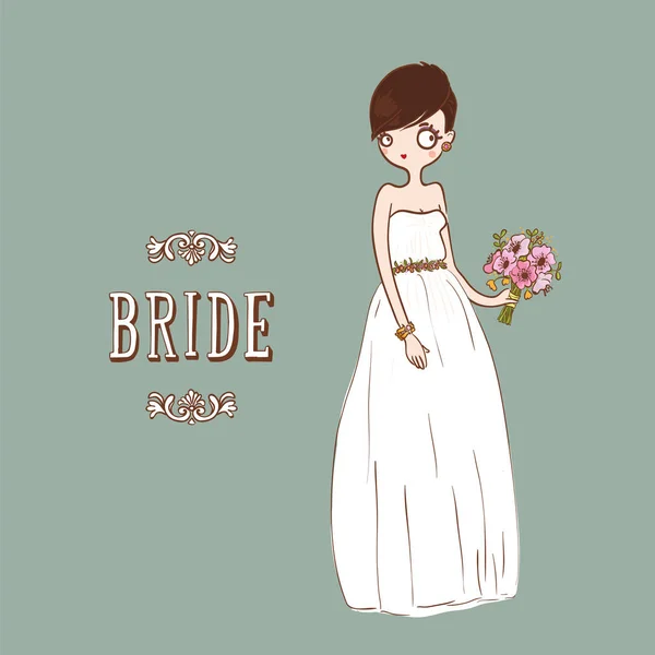 Cute Cartoon Bride White Wedding Dress Bouquet Flowers Vector Illustration Stock Vector