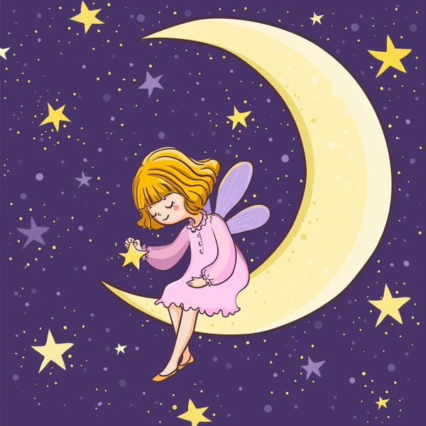 Cute Fairy Sitting Moon Night Vector Illustration — Stock Vector