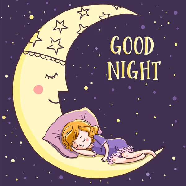 Linda Chica Dormida Luna Ilustración Vectorial — Vector de stock