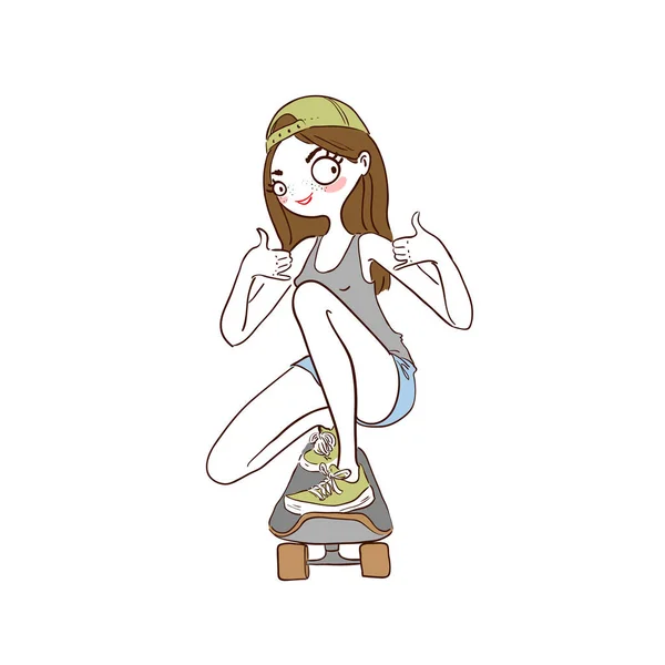 Cute Cartoon Girl Cap Sitting Skateboard Vector Illustration White Background — Stock Vector