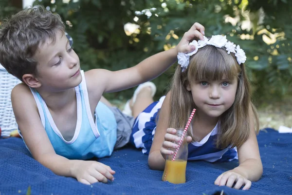 小可爱的男孩和说谎坐在毯子在草地上玩耍 男孩看着女孩头发里的小花 小男孩和女孩的友谊 自然暑假 — 图库照片