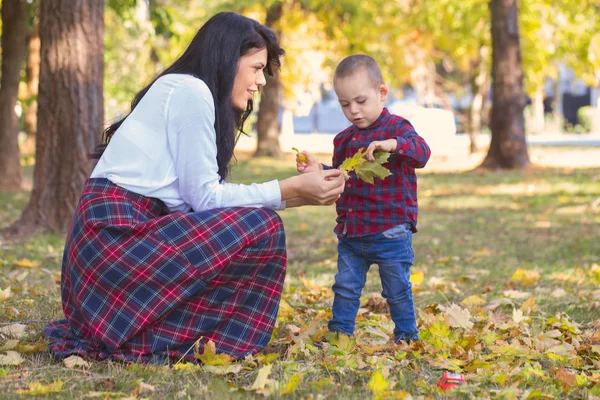 Die Schöne Junge Mutter Spielt Herbst Mit Ihrem Sohn Park — Stockfoto