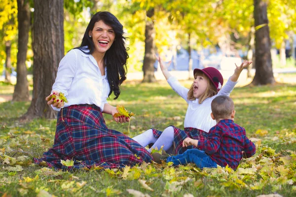 Die Schöne Junge Mutter Spielt Herbst Mit Ihren Kindern Park — Stockfoto