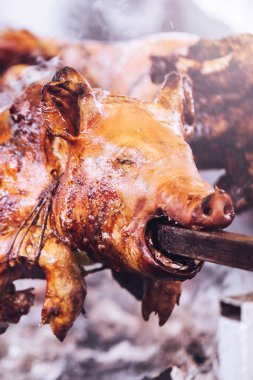 Geleneksel olarak domuzu ateş ve dumanla dönen bir tükürükte emzirir..