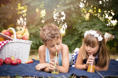 Sevimli küçük kız ve bir battaniye parkta yatan ve bir güzel güneşli yaz günde oynayan bir çocuk. Erkek ve kız bir piknik sepeti meyve suyu ve meyve sürü vardır. Eğleniyor ve suyu içme