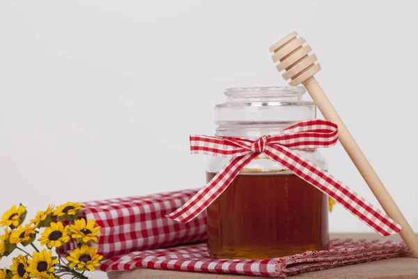 Honey Jar Honey Dipper Wooden Background — Stock Photo, Image