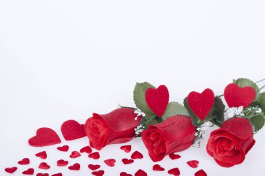 Kırmızı güller ve beyaz zemin üzerine kırmızı kalpler