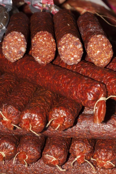 Close Fresh Homemade Smoked Sausage Market Selective Focus Small Depth — Stock Photo, Image