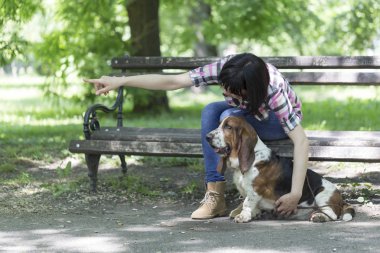 Kadın ile onun güzel köpek parkta bir bankta oturur ve ona bakmak için hangi yolu gösterir. Güzel iyi günler