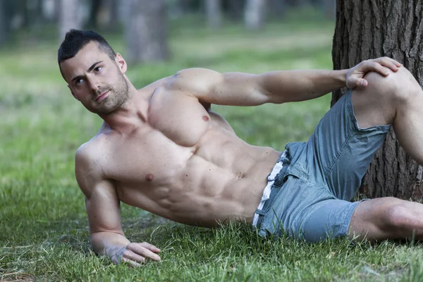 Schöner Und Attraktiver Muskulöser Junger Mann Der Hemdlos Park Ruht — Stockfoto