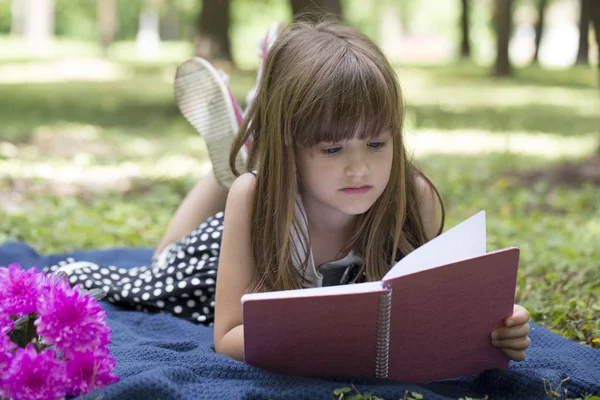 Pequena Menina Bonito Deitado Grama Lendo Livro Para Desfrutar Natureza — Fotografia de Stock