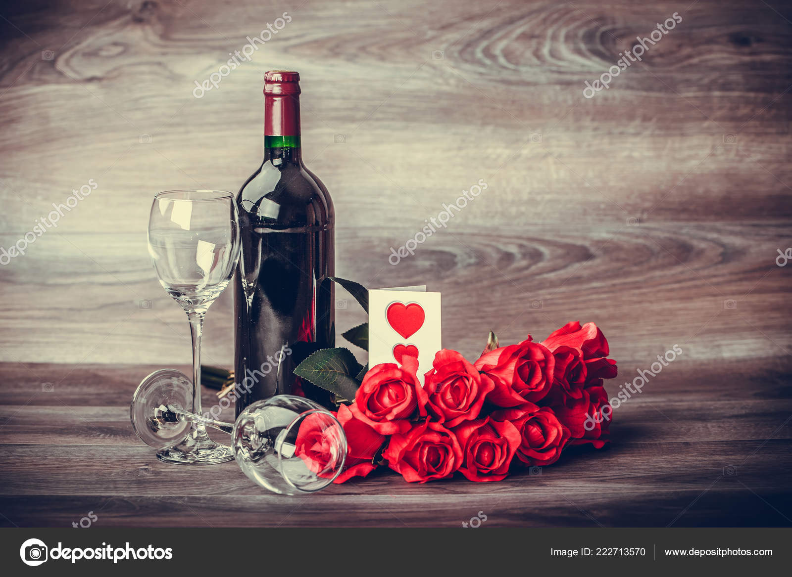 Red Wine Bottle Two Glasses Wine Roses Decoration Red Hearts