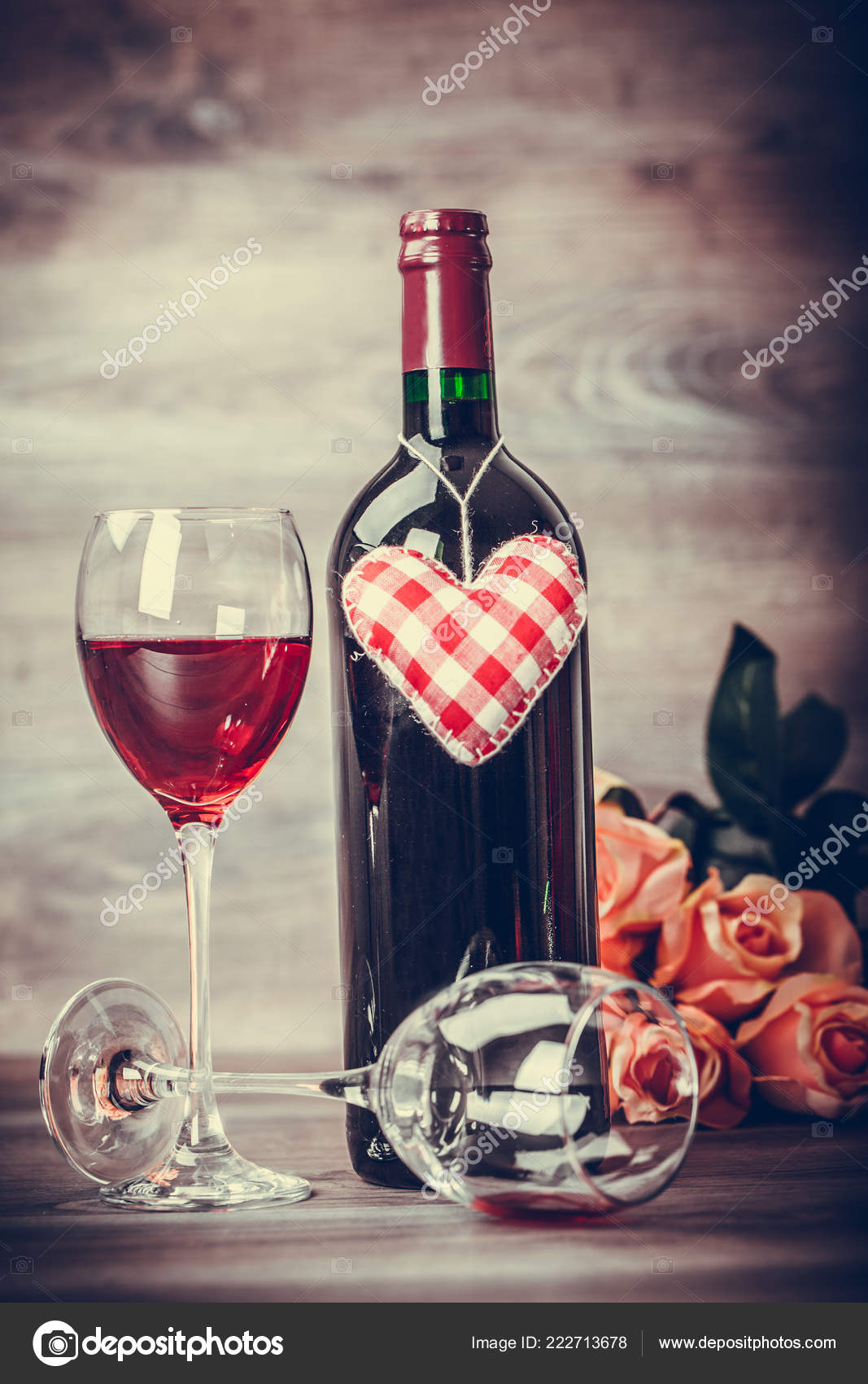 Red Wine Bottle Two Glasses Wine Roses Decoration Red Hearts