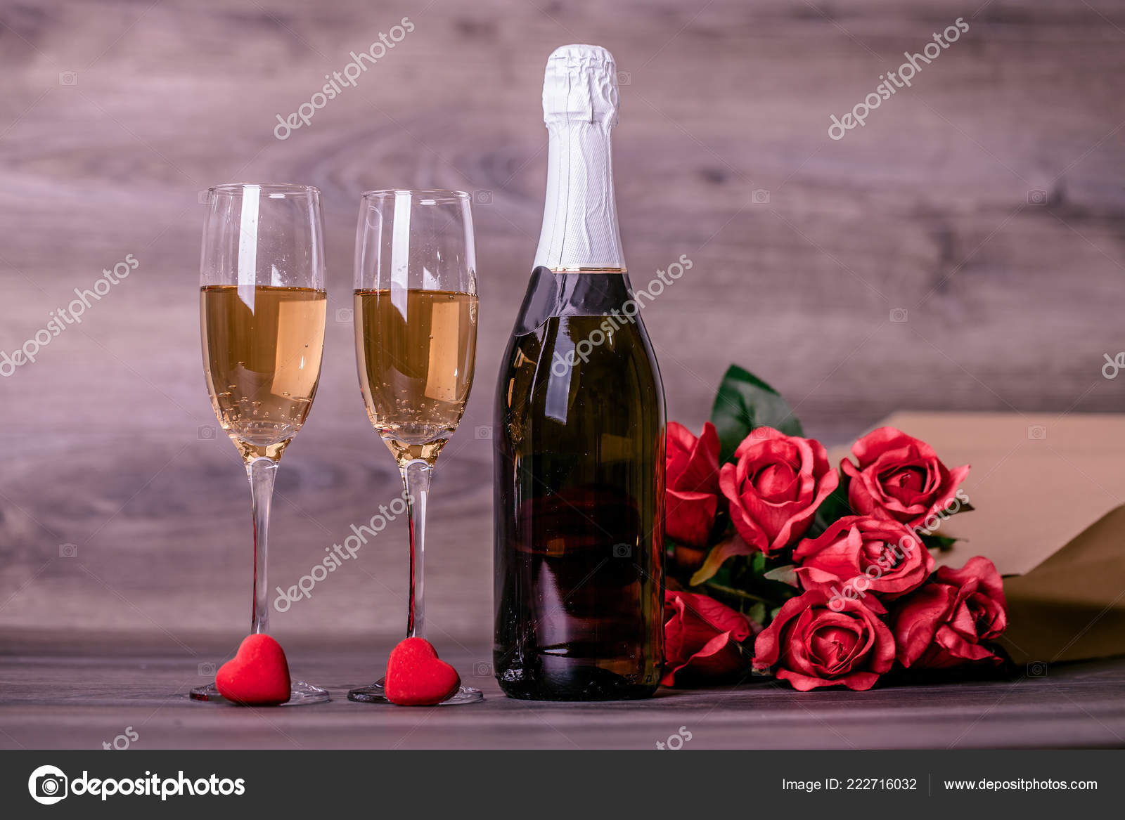 Valentines Day Champagne Wine Glasses Red Roses Paper Bag
