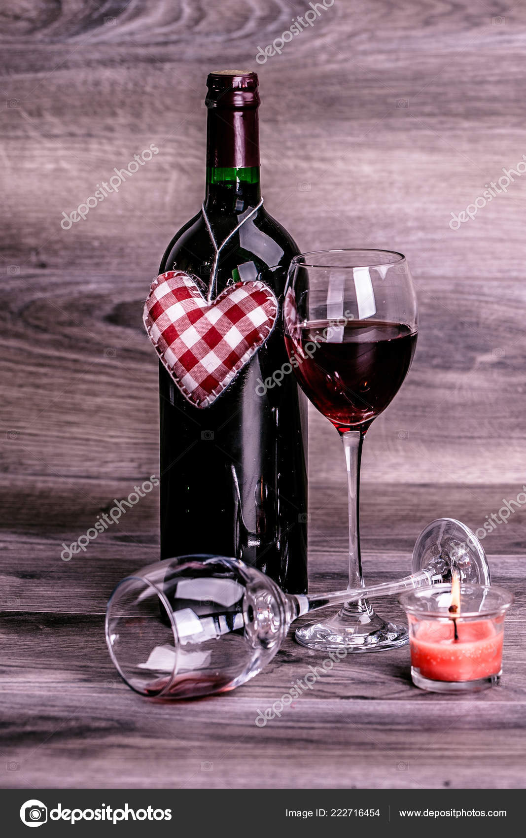 Red Wine Bottle Two Glasses Wine Rose Decoration Red Hearts