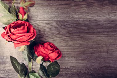 Ahşap arka plan üzerinde kırmızı gül. Sevgiliye arka plan, düğünü. Yukarıdan görüntülemek