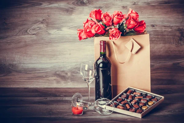 Red Wine Bottle Two Glasses Wine Box Chocolates Roses Paper — Stock Photo, Image
