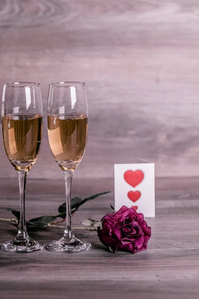 День Святого Валентина Шампанське Вино Окуляри Любов Повідомлення Зустріч День — стокове фото