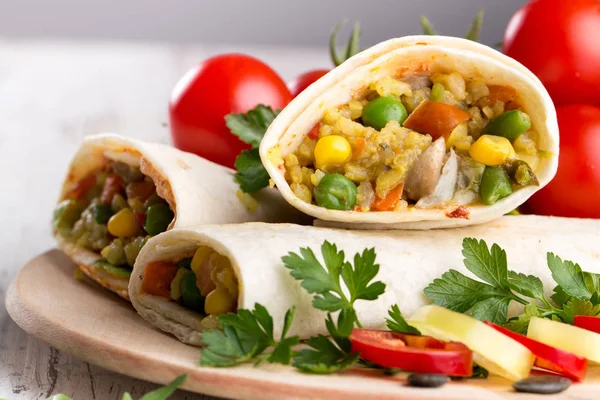 Homemade Delicious Burrito Vegetables Wooden Background Close — Stock Photo, Image