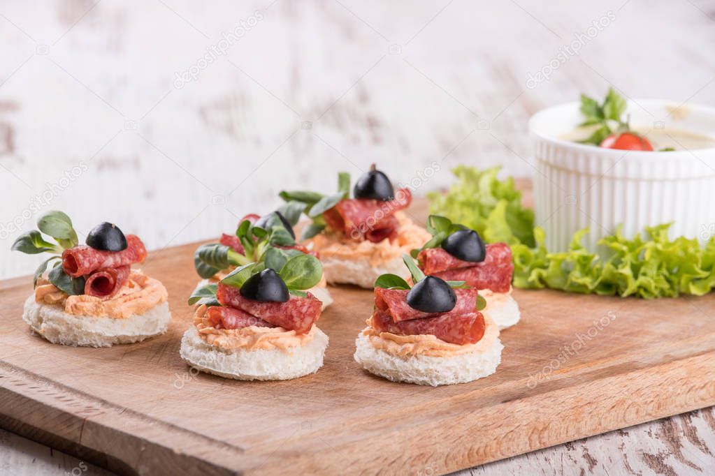 Delicious canapes with salami, olives and spices on a wooden background