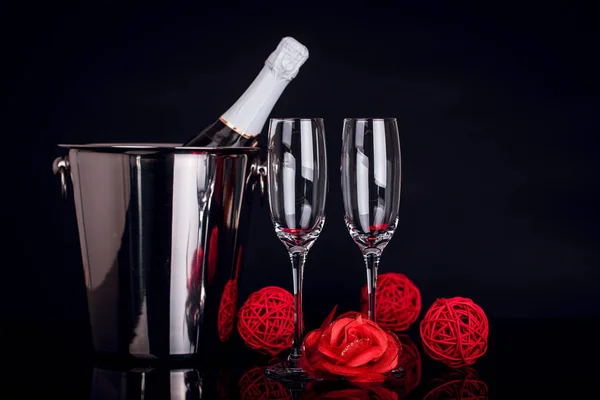 Champagne Bottle Bucket Two Wine Glasses Red Rose Black Background — Stock Photo, Image