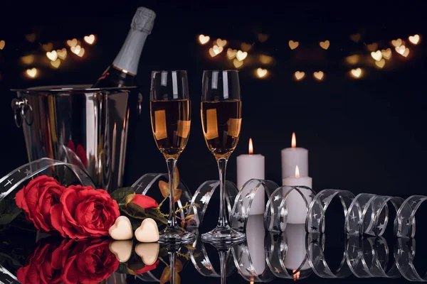 Champagne Bottle Bucket Two Wine Glasses Bouquet Roses Heart Shaped — Stock Photo, Image