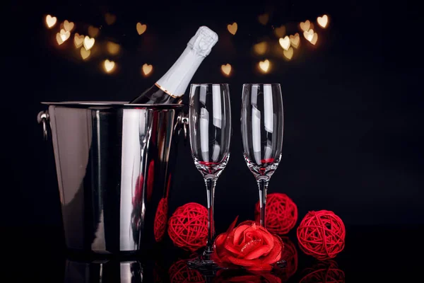 Champagne Bottle Bucket Two Wine Glasses Red Rose Black Background — Stock Photo, Image