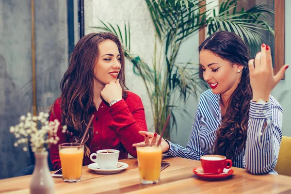 Две красивые молодые женщины сидят в кафе, пьют кофе и — стоковое фото