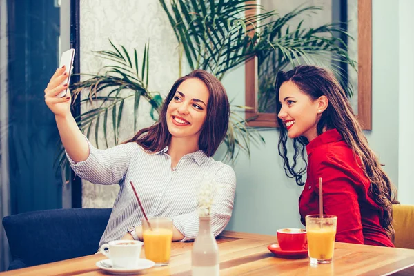 Kafede eğlenen ve sma ile selfie çeken iki kadın arkadaş