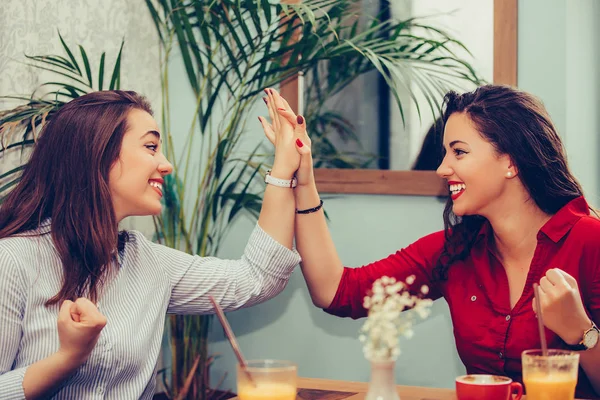 Le amiche felici stanno dando alto, celebrando il successo mentre — Foto Stock